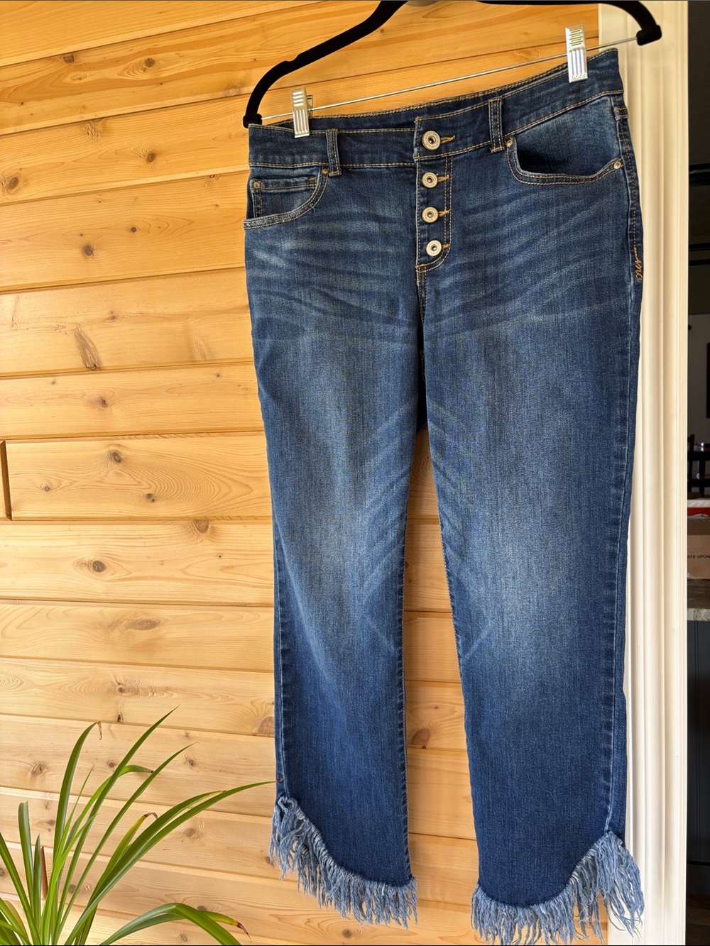 INC International Concepts Distressed Fringe Hem Dark Blue Cropped Jeans